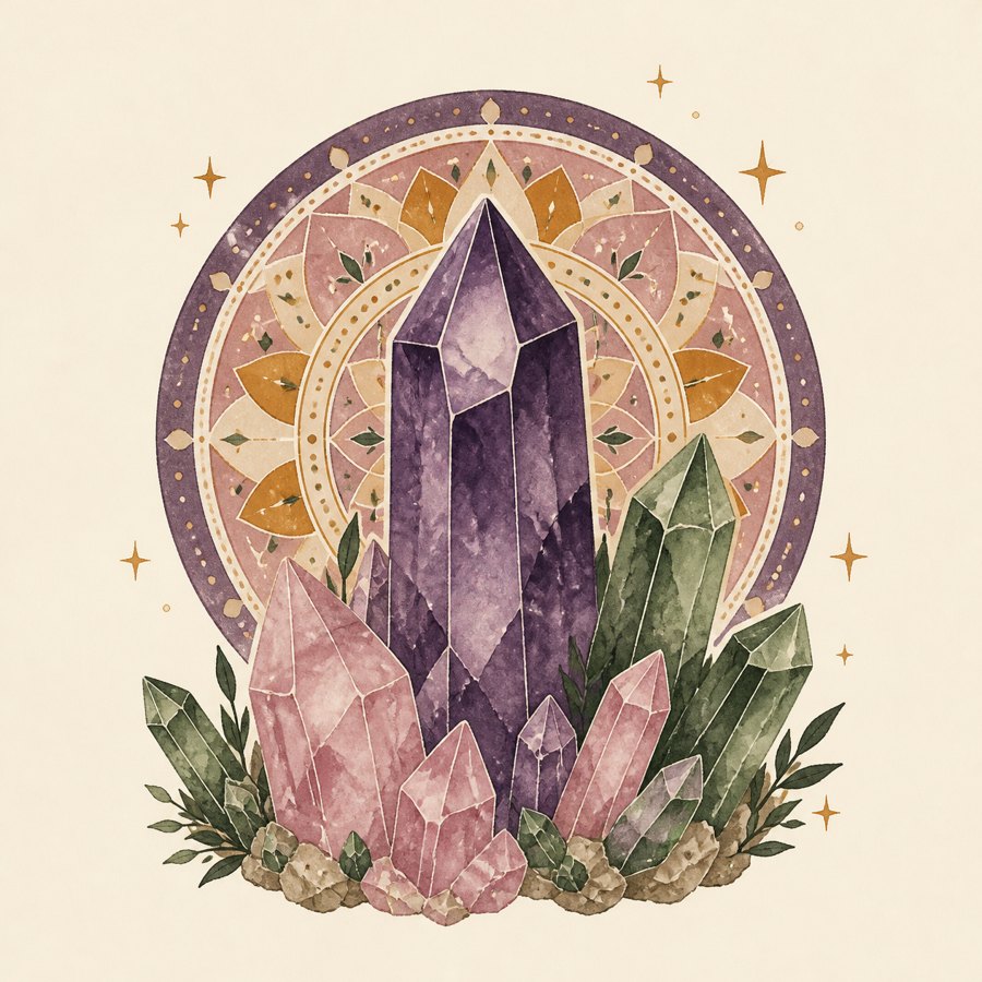 Joonistus: kristallid mandala ees